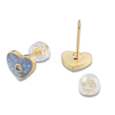 Natural Shell & Enamel Heart Stud Earrings with Cubic Zirconia EJEW-N011-79C-1