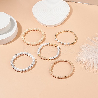 5Pcs 5 Style Natural Wood & Howlite Round Beaded Bracelets Set BJEW-JB08820-1