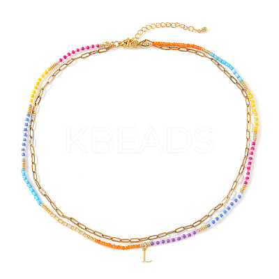 Colorful Glass Seed Beaded Initial Pendant Double Layer Necklaces QS3881-12-1