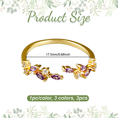3Pcs 3 Colors Brass Micro Pave Cubic Zirconia Cuff Rings for Women RJEW-GO0001-28A-1