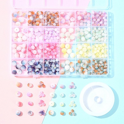 648Pcs 24 Styles Frosted Baking Paint Crackle Glass Beads with Glitter Powder DGLA-FS0001-12-1