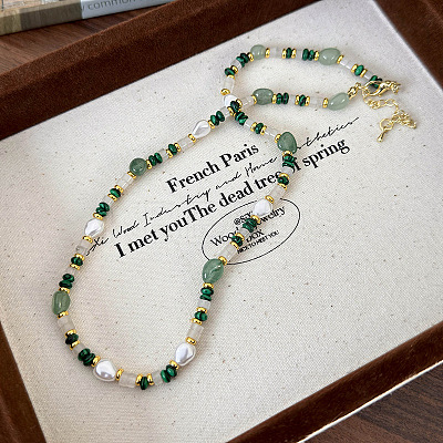 Synthetic Malachite & Natural  Green Aventurine & Plastic Pearl Beaded Necklaces for Women FS-WG716FC-01-1