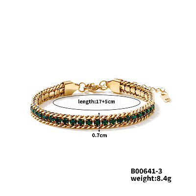 Sparkling European Style 304 Stainless Steel Emerald Rhinestone Chain Bracelets for Women CU3590-3-1
