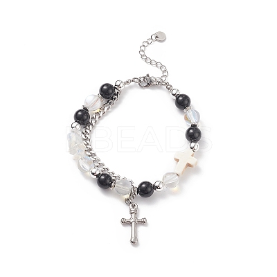 Natural & Synthetic Mixed Stone Beaded Bracelet with Cross Charm BJEW-TA00184-02-1