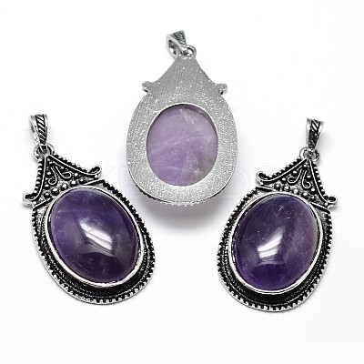 Oval Antique Silver Zinc Alloy Natural Amethyst Big Pendants G-F228-27B-FF-1