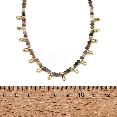 Natural Multicolor Tourmaline Faceted Rondelle Baded Necklaces with 201 Stainless Steel Teardrop Charms NJEW-JN06428-01-1