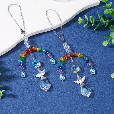 2Pcs Glass Crystal Prism Rainbow Angel Hanging Suncatchers HJEW-TADJ0016-1