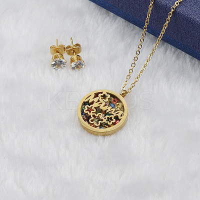 Mother's Day Flat Round with Flower & Word Mama Stainless Steel with Cubic Zirconia Pendant Necklaces & Stud Earring Sets WG8ED63-02-1