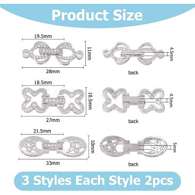 6Pcs 3 Styles Rack Plating Brass Micro Pave Clear Cubic Zirconia Fold Over Clasps KK-HS0001-01P-1