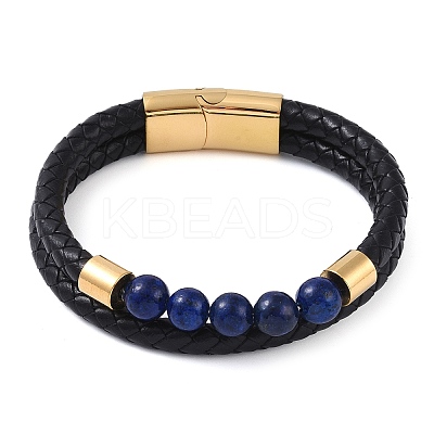 Mixed Stone Round Bead Leather Cord Multi-strand Bracelets BJEW-A009-10G-1