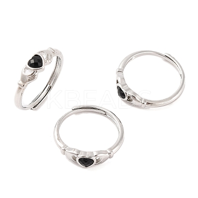 Hand with Heart Natural Dyed & Heated Black Agate Agate Adjustable Rings RJEW-Q817-06P-03-1