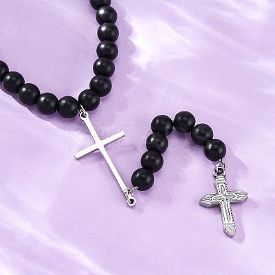 Adjustable Stainless Steel Double Cross Pendant Necklaces NJEW-F336-02P-1