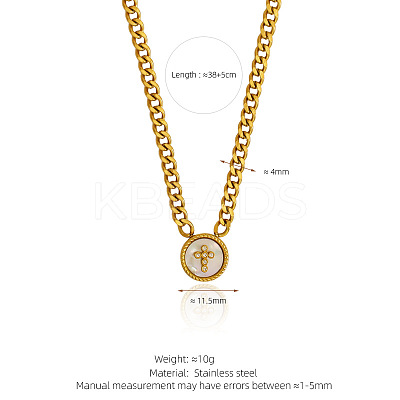 304 Stainless Steel & Natural White Shell Coin Pendant Curb Chain Necklaces for Women WG4C473-01-1