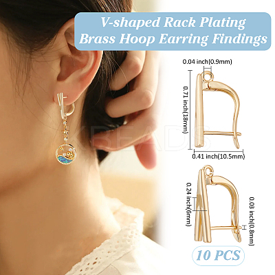 5Pairs V-shaped Rack Plating Brass Hoop Earring Findings with Latch Back Closure and Horizontal Loop KK-ME0002-47-1