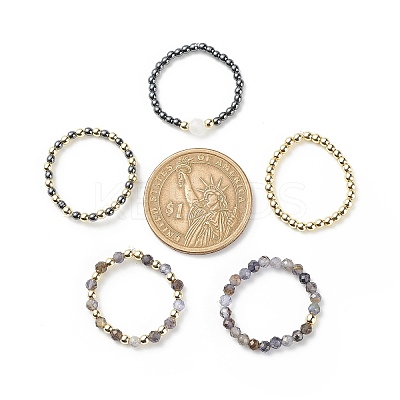 5Pcs 5 Style Natural Rainbow Moonstone & Dichroite & Synthetic Hematite Round Beaded Stretch Finger Rings Set RJEW-JR00527-1