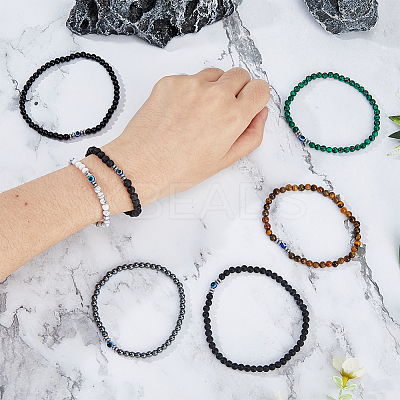 7Pcs 7 Style Natural Mixed Gemstone Round & Plastic Evil Eye Beaded Stretch Bracelets Set NJEW-FI0001-15-1