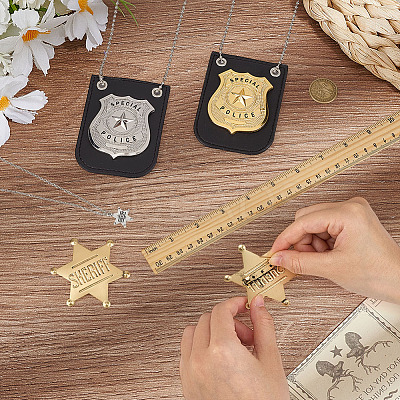 2Pcs 2 Colors PU Leather & Alloy Police Badge with Chain and Belt Blip AJEW-MA0001-24-1