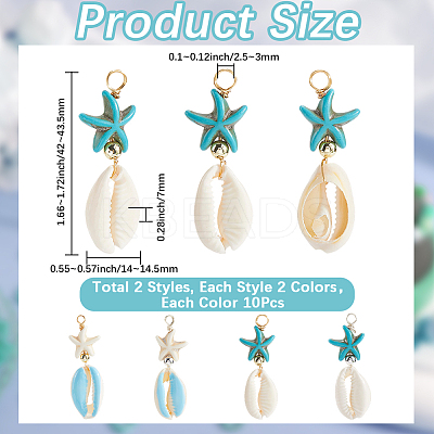 40Pcs 4 Colors Cowrie Shell & Dyed Synthetic Turquoise Starfish Pendants PALLOY-SC0004-40-1