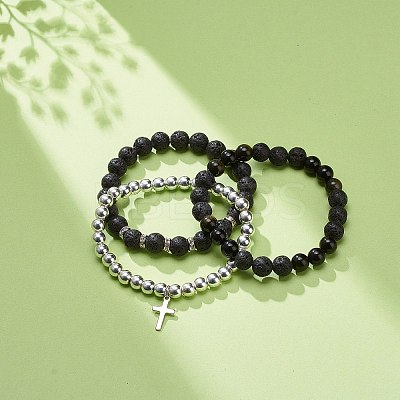 3Pcs 3 Style Style Natural Lava Rock & Golden Sheen Obsidian & Synthetic Hematite Stretch Bracelets Set BJEW-JB08735-1