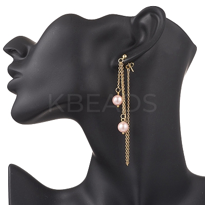 304 Stainless Steel Shell Pearl Round Bead Tassel Stud Earrings EJEW-JE06663-1