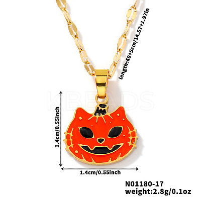 304 Stainless Steel Enamel Halloween Cat Pumpkin Pendant Dapped Chain Necklaces TA2599-1