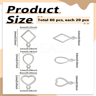 60Pcs 3 Styles 304 Stainless Steel Open Pendants STAS-LP0004-41-1