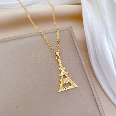 Brass Micro Pave Clear Cubic Zirconia Eiffel Tower Love Pendant Necklaces FS-WG3E8D3-01-1