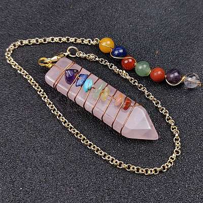 Natural Rose Quartz & Mixed Stone Braided Bullet Dowsing Pendulum Pendant Decorations CHAK-PW0001-043A-1