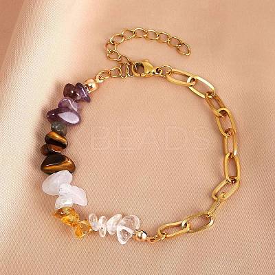 Nature Amethyst & Quartz Crystal & Yellow Quartz & Tiger Eye Chip Link Bracelets BJEW-V003-02G-1