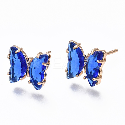 Cubic Zirconia Butterfly Stud Earrings with Glass KK-S365-003D-1