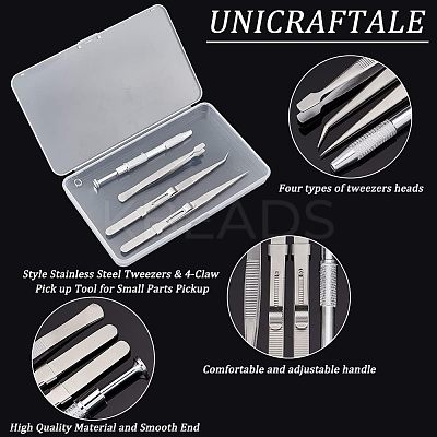 4Pcs 4 Style Stainless Steel Tweezers & 4-Claw Pick up Tool for Small Parts Pickup STAS-UN0039-16-1