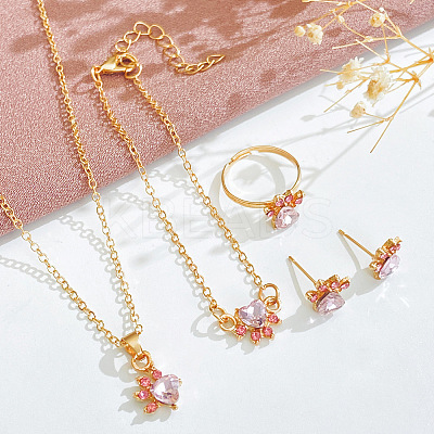 Cat Paw Print Alloy Pave Cubic Zirconia Pendant Necklaces & Stud Earring & Ring & Link Bracelets Sets for Women FS-WGC55DF-01-1