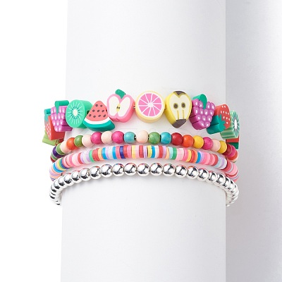 4Pcs 4 Style Handmade Polymer Clay Fruit & Synthetic Hematite & Turquoise(Dyed) Beaded Bracelets Set BJEW-JB08693-1