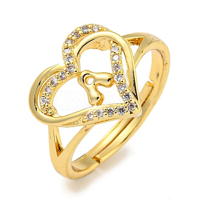 Heart with Letter Rack Plating Brass Micro Pave Clear Cubic Zirconia Adjustable Rings for Women RJEW-I105-01G-A-1