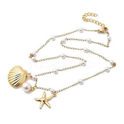 304 Stainless Steel Starfish Shell Shape Pendant Necklaces for Women NJEW-F356-02G-1