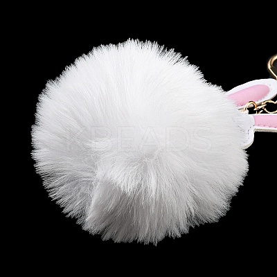 Cute Rabbit PU Leather & Imitate Rex Rabbit Fur Ball Keychain KEYC-C005-02B-1