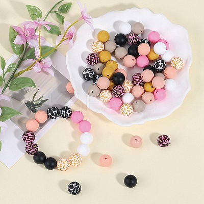 70Pcs 10 Styles Printed Round Silicone Focal Beads SIL-SZ0002-37-1