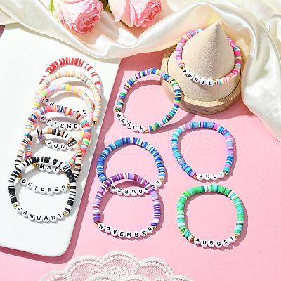 12 Months Polymer Clay & Acrylic Beaded Stretch Bracelet Sets for Women BJEW-SW00142-1