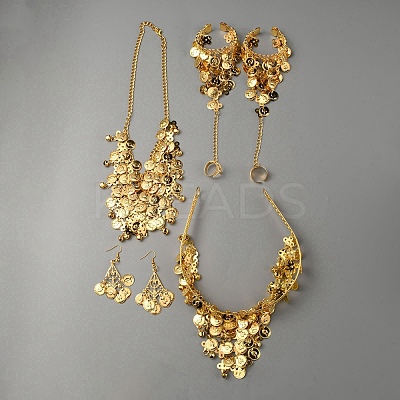 Alloy Flat Round Charms Cluster Bib Necklace & Ring Bracelet & Dangle Earrings & Headwears SJEW-WH0002-06-1