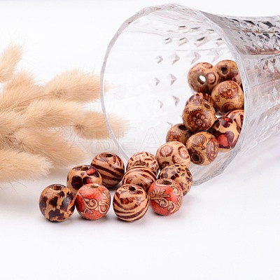 Round Printed Natural Wood Beads X-WOOD-R243-16mm-M2-1