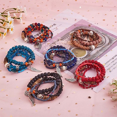 5Pcs 5 Style Wood & Glass Seed & Acrylic Beaded Stretch Bracelets Set with Baseball JB709F-1