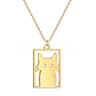 304 Stainless Steel Laser Cut Rectangle with Cat Shape Pendant Necklaces FS-WGDBF09-01-1