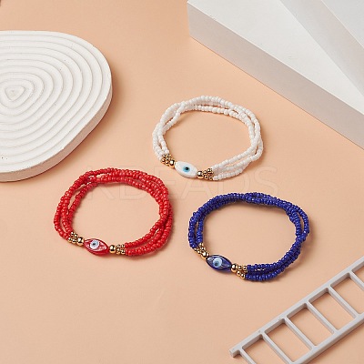 3Pcs 3 Color Evil Eye Lampwork & Glass Seed & Brass Beaded Triple Layer Multi-strand Bracelets Set for Women BJEW-JB09251-1