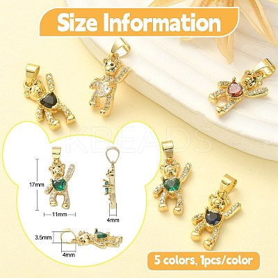 5Pcs 5 Colors Brass Clear Cubic Zirconia Pendants KK-CJ0001-76-1