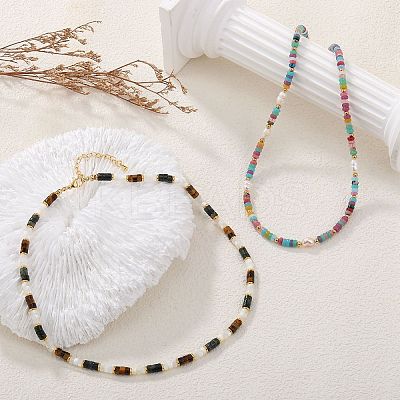1Pc Rondelle Natural Agate & Pearl & Brass Beaded Necklaces for Women NJEW-SZ0001-69-1