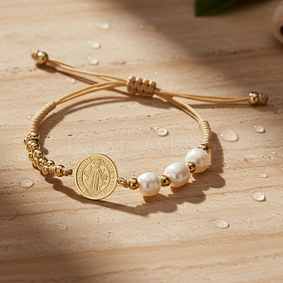 Imitation Pearl and Brass Saint Benedict Braided Bead Bracelets KP6024-1