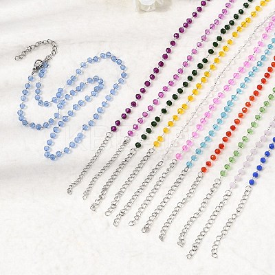 12Pcs 12 Colors 304 Stainless Steel with Glass Faceted Rondelle Bead Handmade Link Chain Birth Stone Necklaces for Women NJEW-G195-01P-1