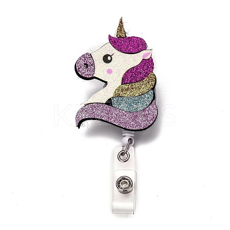 Unicorn Glitter Powder Felt & ABS Plastic Badge Reel AJEW-I053-38-1