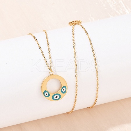 304 Stainless Steel Enamel Evil Eye Ring Pendant Necklaces for Women NJEW-G176-04G-1