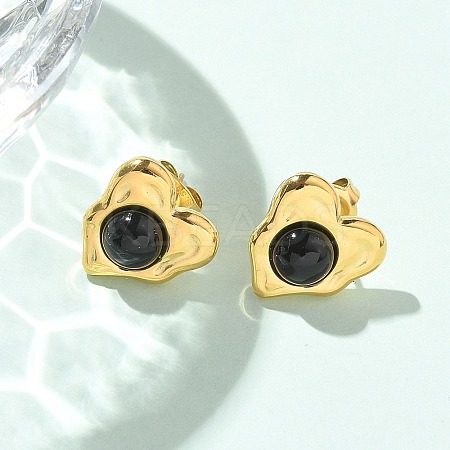 Natural Obsidian & Ion Plating(IP) 304 Stainless Steel Heart Stud Earrings EJEW-A118-04G-01-1